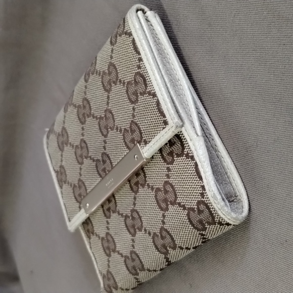 GUCCI BROWN/TAN MONOGRAM CANVAS & CREAM LEATHER WALLET ~ AUTHENTIC ~ GOOD COND - Picture 4 of 12